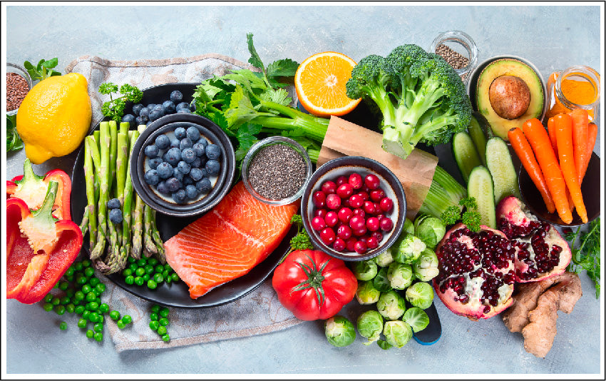 Many fruits illustrating how diet can improve the health of your skin. Luminance Skincare. 100% Plant Based. Organic. Non-Synthetic. Clean