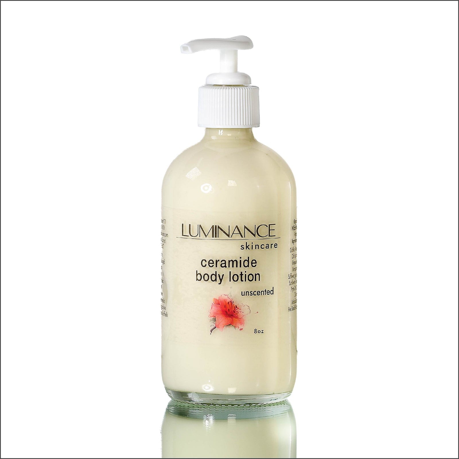 A pump bottle of Luminance Skincare Ceramide Body Lotion, unscented, with a white label featuring the product name and a red floral illustration.