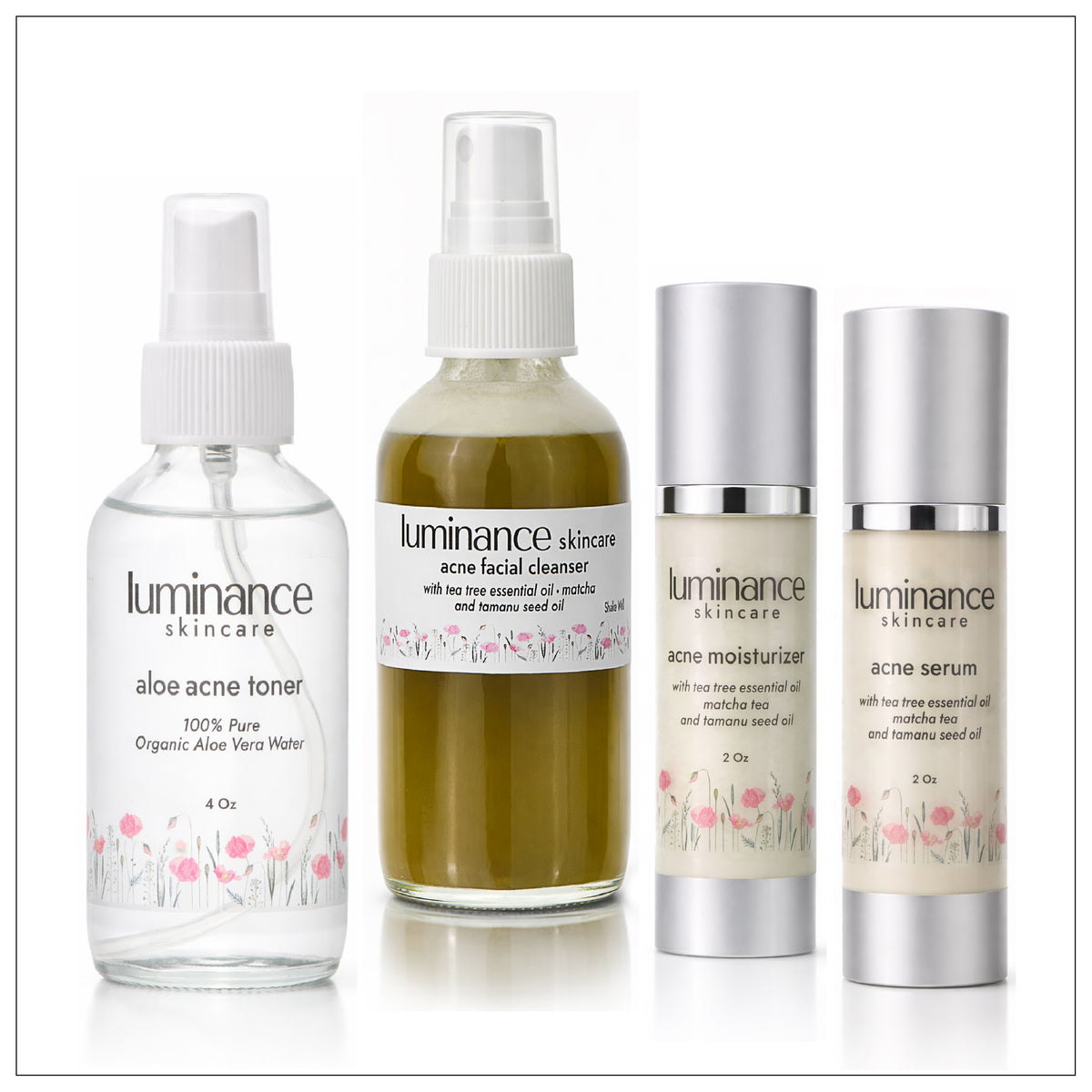 Set of Luminance skincare products including aloe toner, facial cleanser, moisturizer, and serum on a white background.